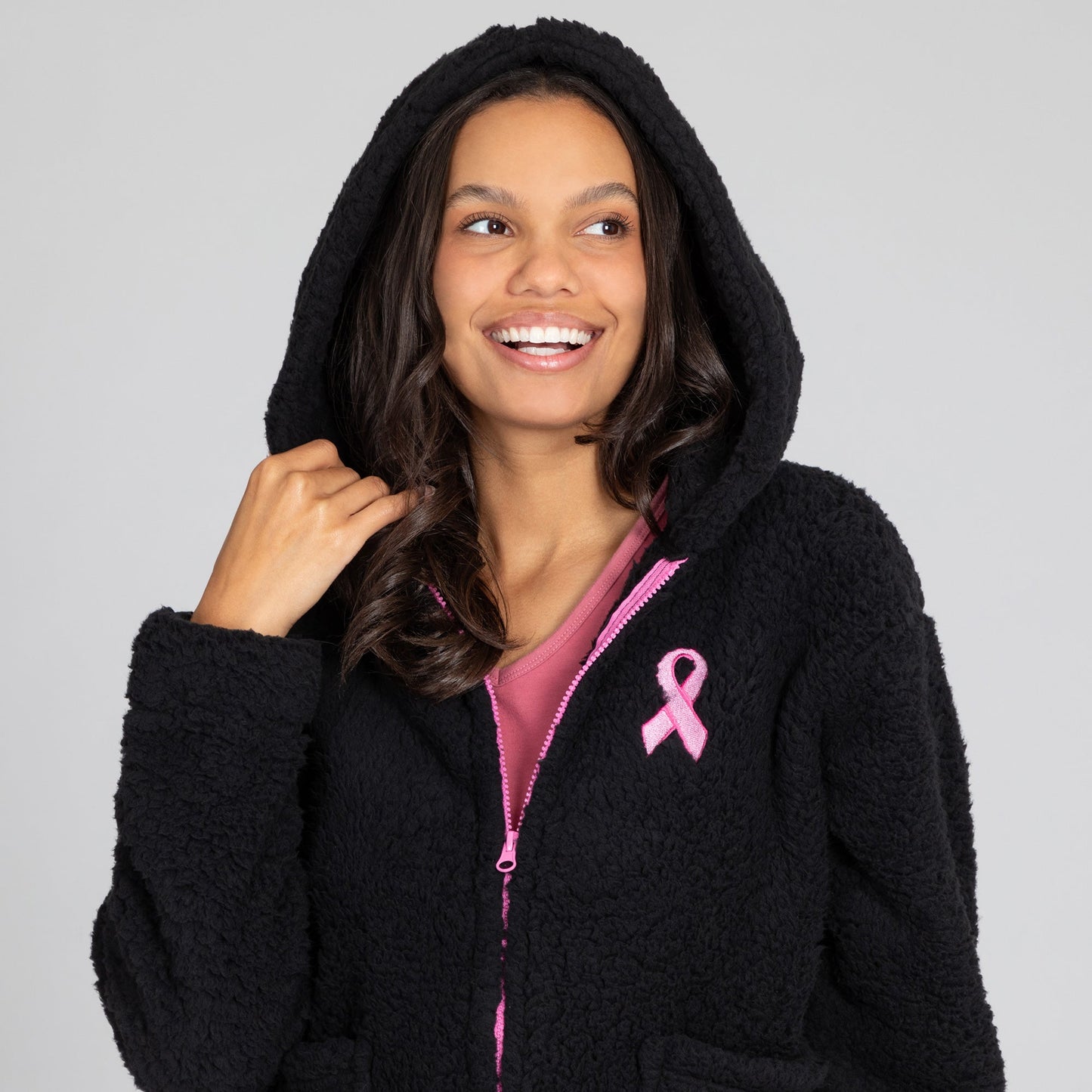 Pink Ribbon Sherpa Fleece Zip Up Hooded Jacket