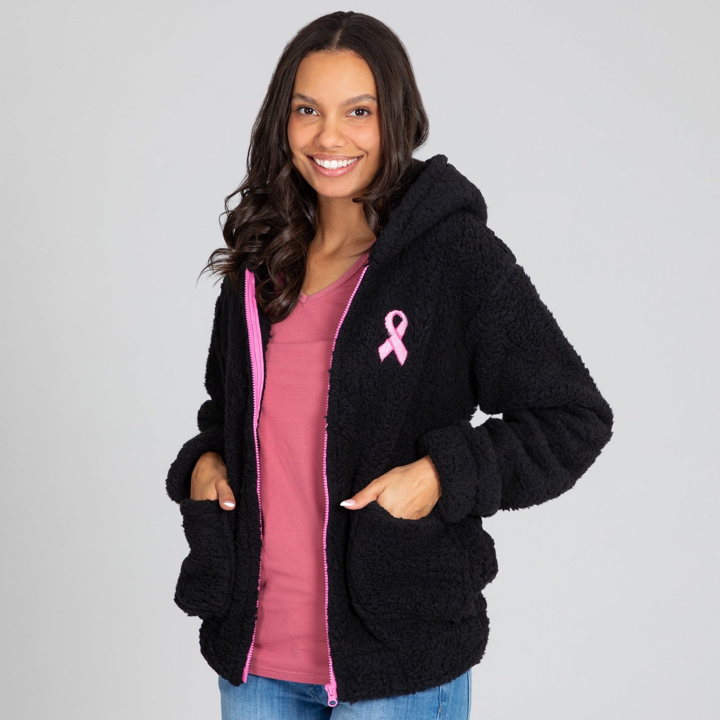 Pink Ribbon Sherpa Fleece Zip Up Hooded Jacket