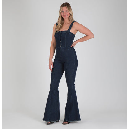 Denim Flare Leg Button Up Jumpsuit