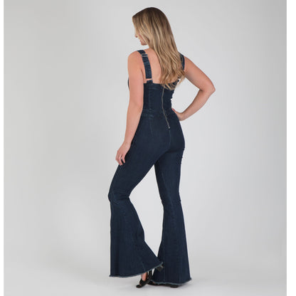 Denim Flare Leg Button Up Jumpsuit