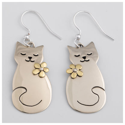 Cat & Flower Mixed Metal Earrings