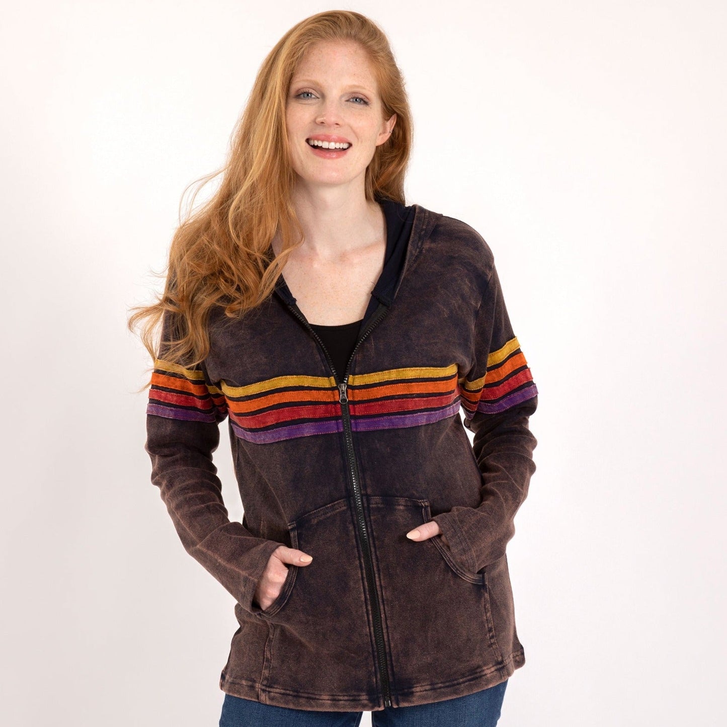 Rainbow Stripes Stone Washed Hooded Jacket