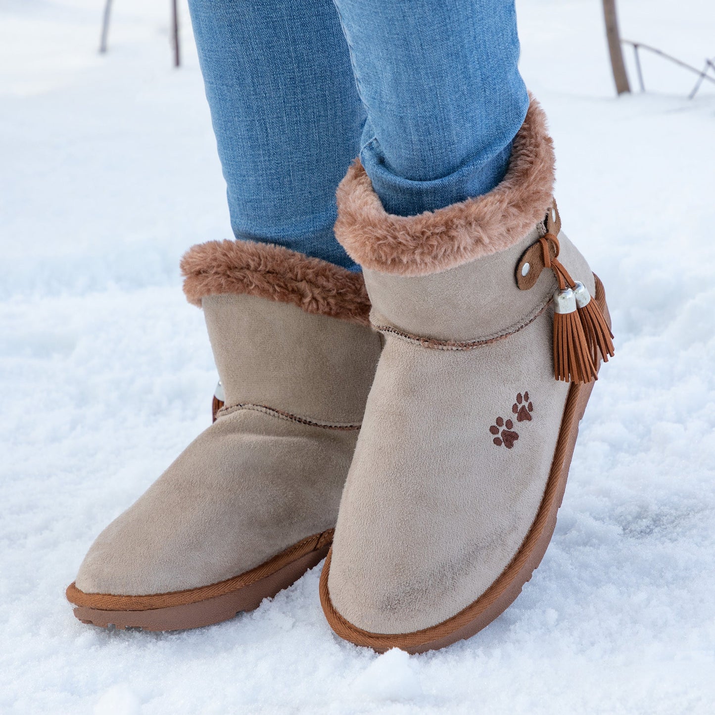 Paw Print Faux Suede Boots With Tassels