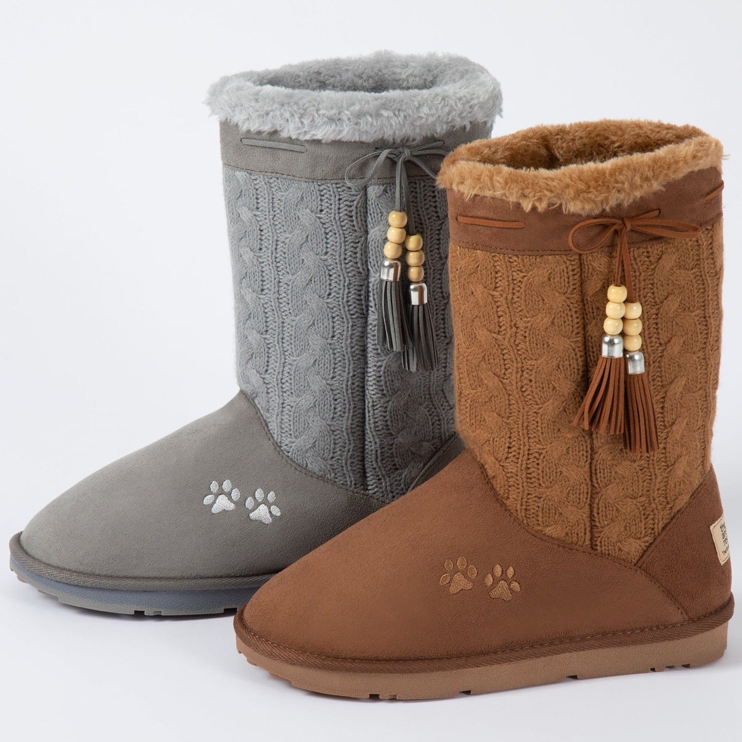 Paw Print Tall Knitted Boots With Beaded Tassels