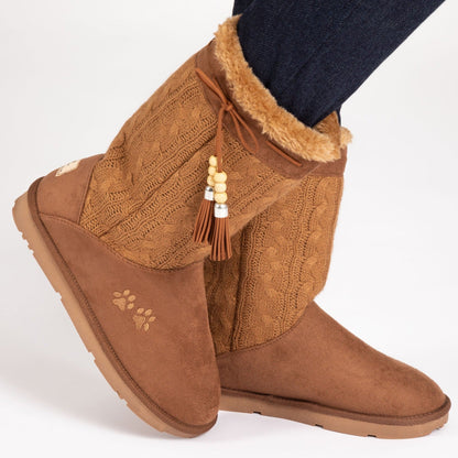 Paw Print Tall Knitted Boots With Beaded Tassels