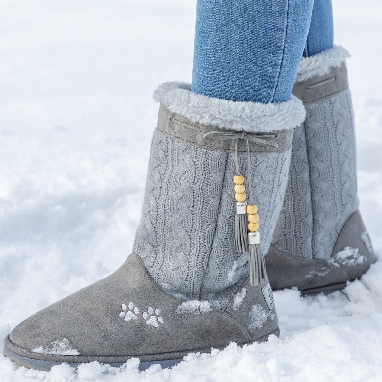 Paw Print Tall Knitted Boots With Beaded Tassels