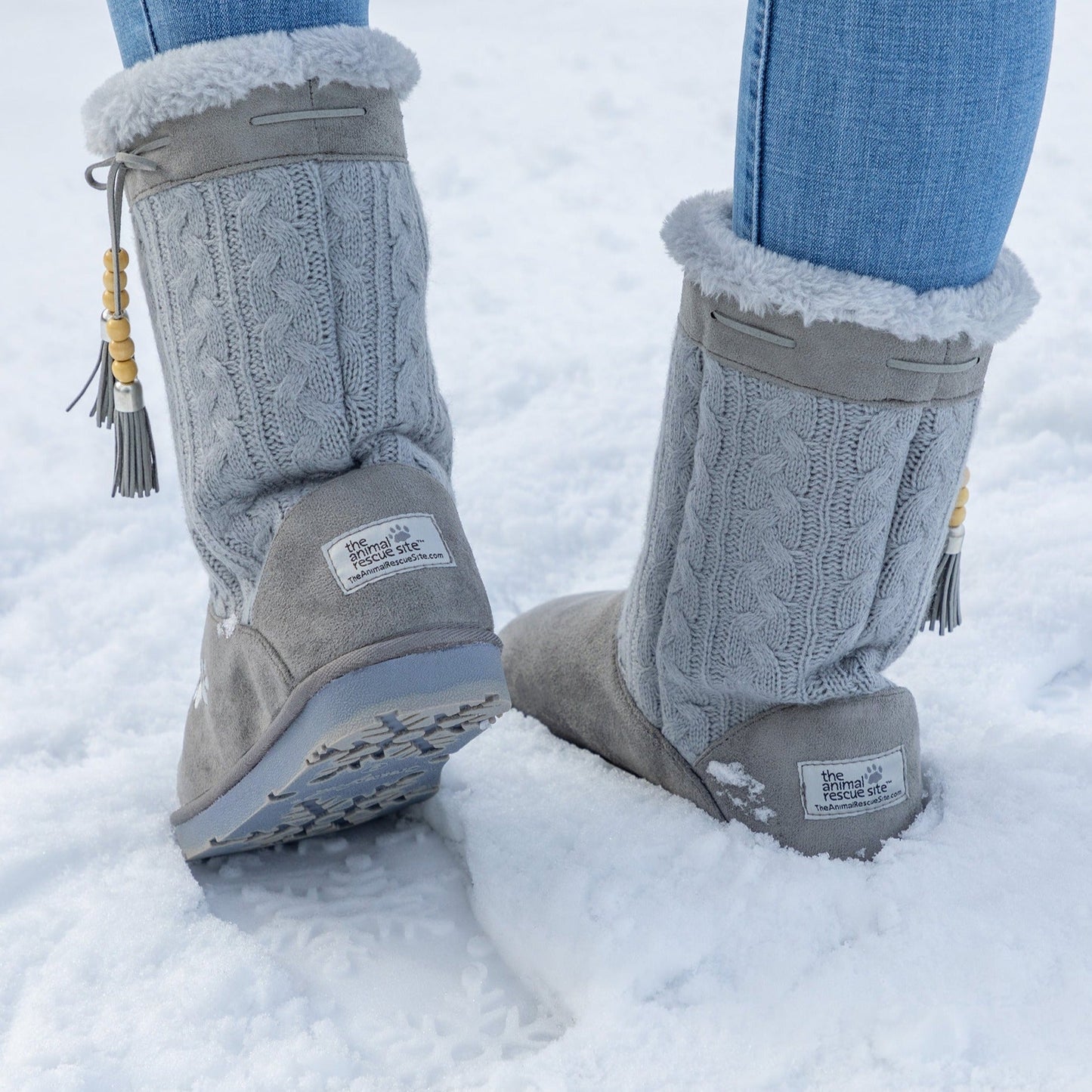 Paw Print Tall Knitted Boots With Beaded Tassels