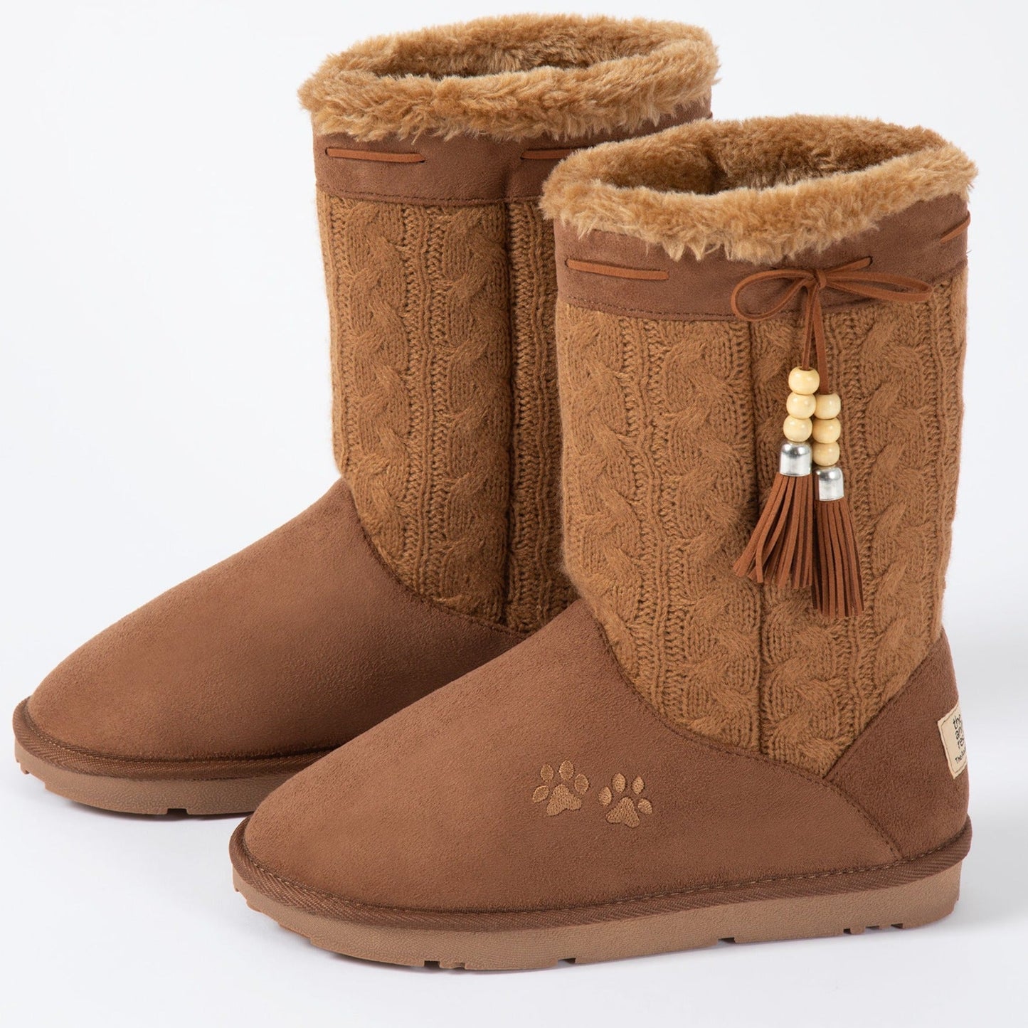 Paw Print Tall Knitted Boots With Beaded Tassels