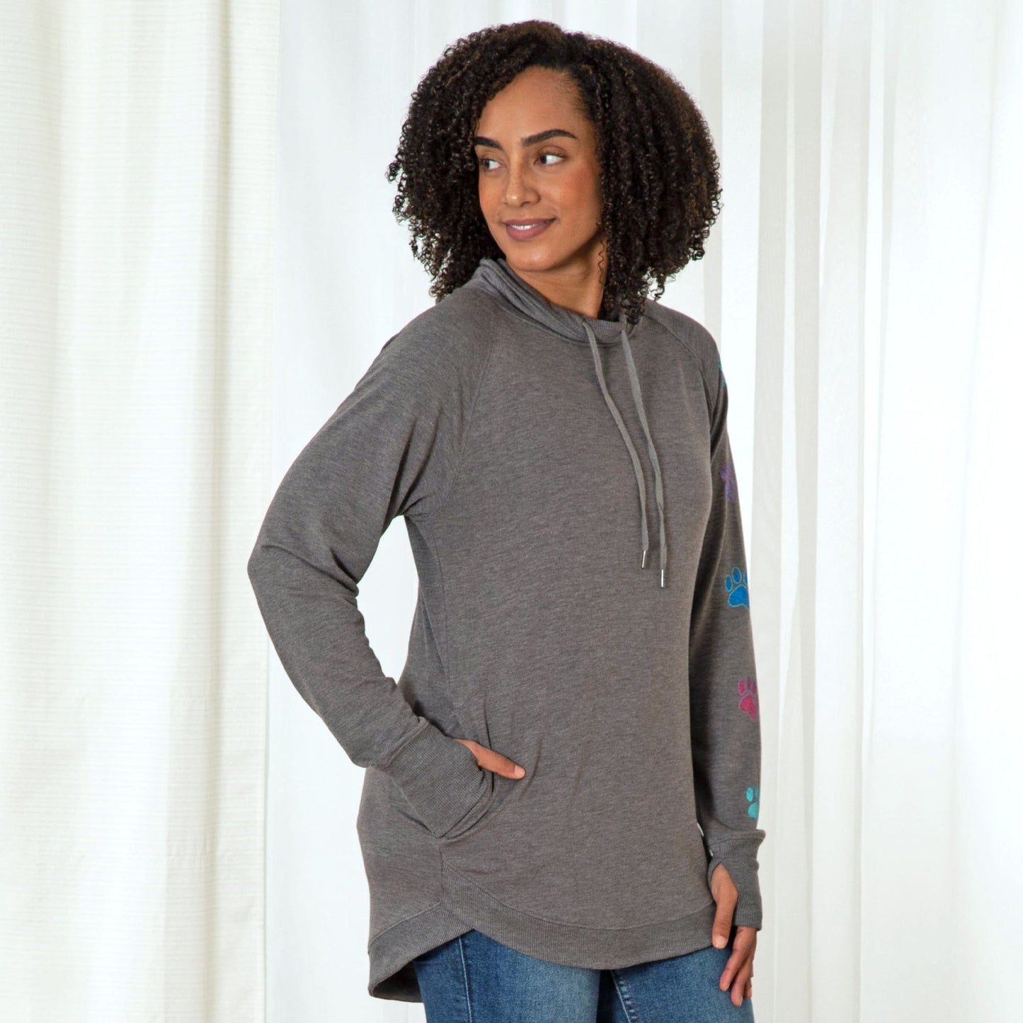 Cowl Neck Paw Print Long Sleeve Top