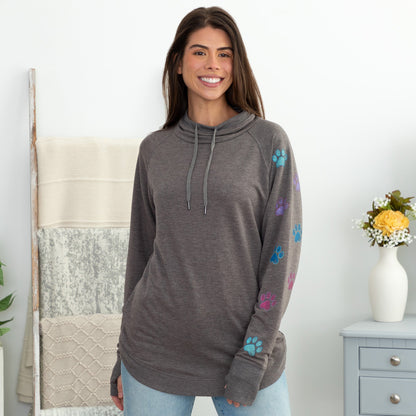 Cowl Neck Paw Print Long Sleeve Top