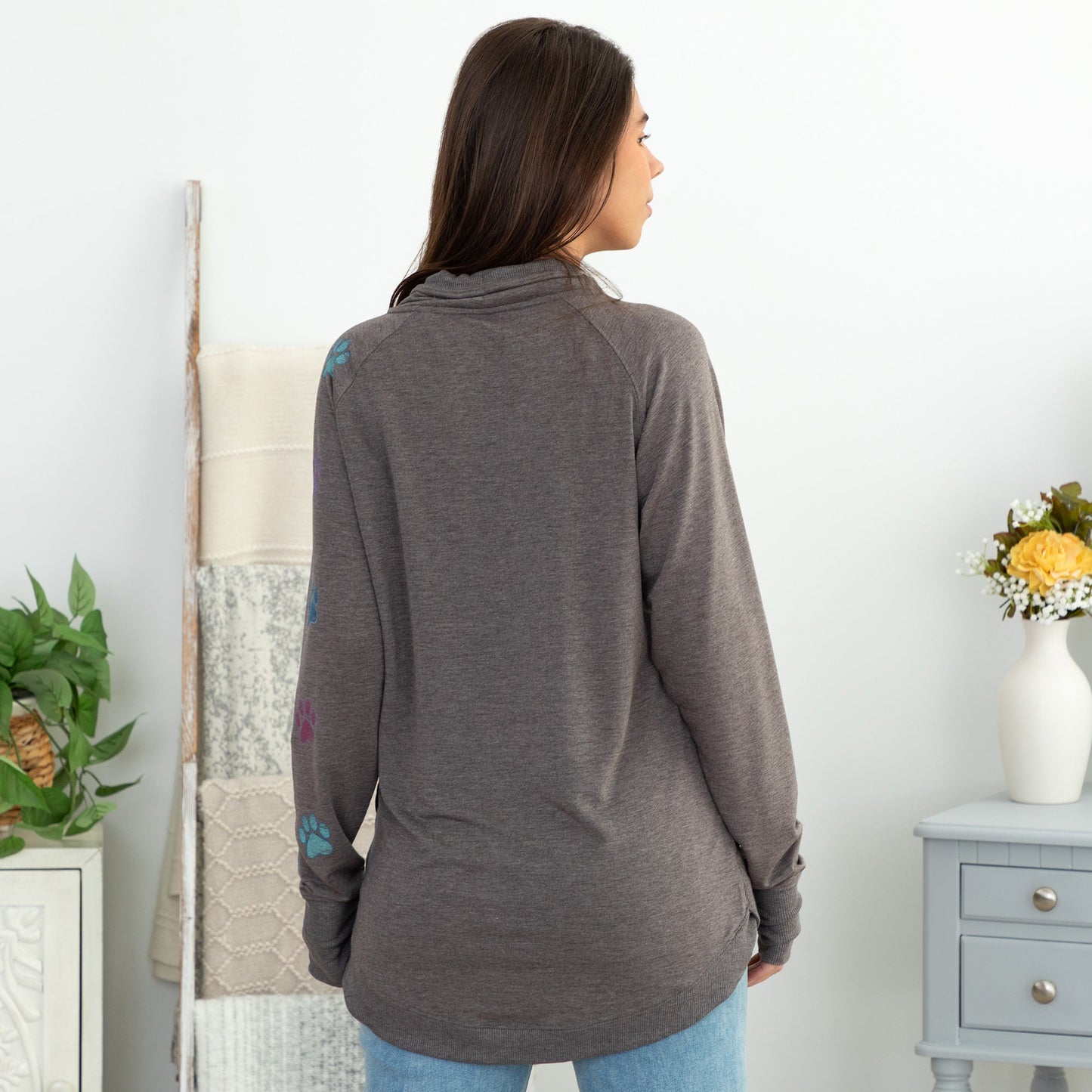 Cowl Neck Paw Print Long Sleeve Top