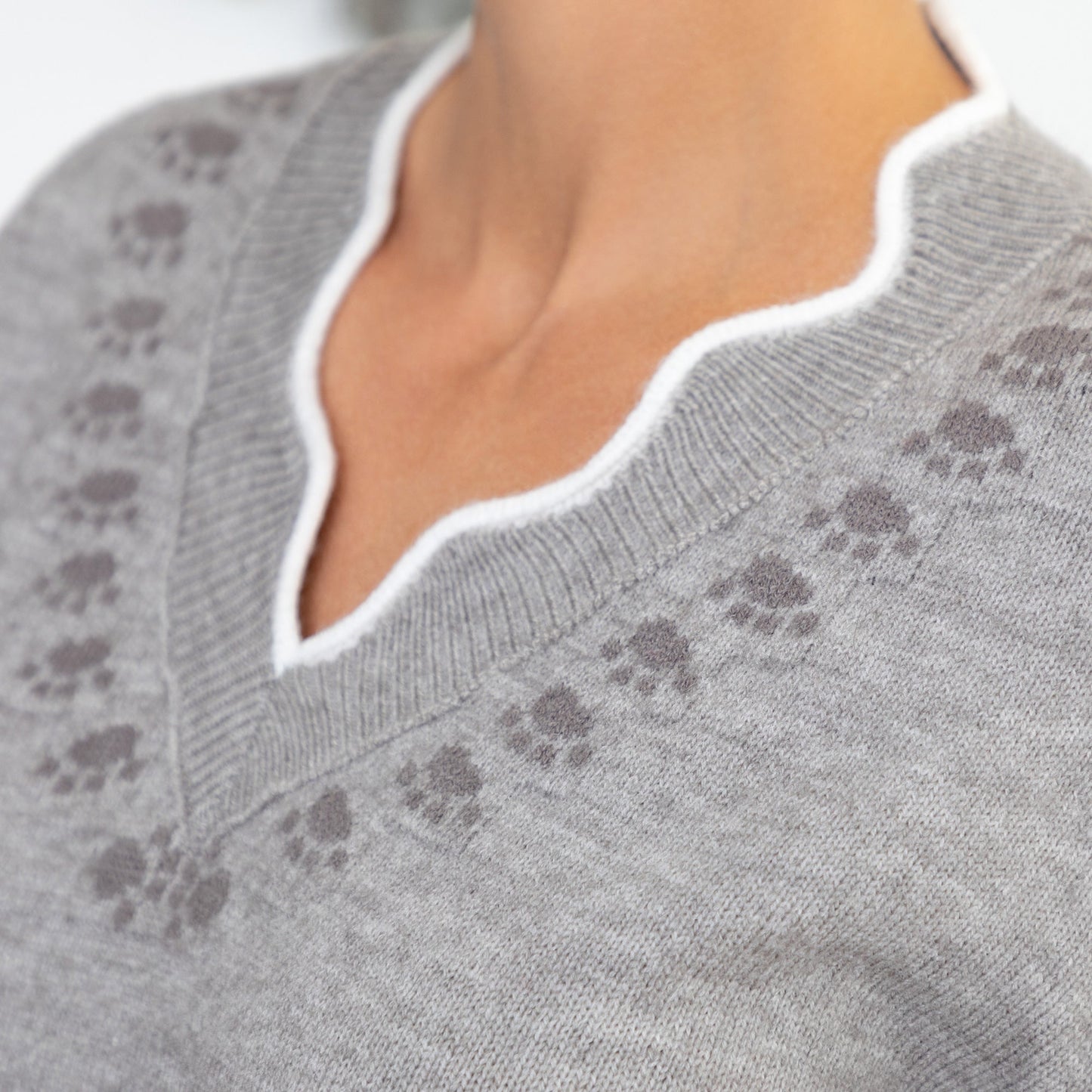 Paw Print Accent Trim V-Neck Sweater