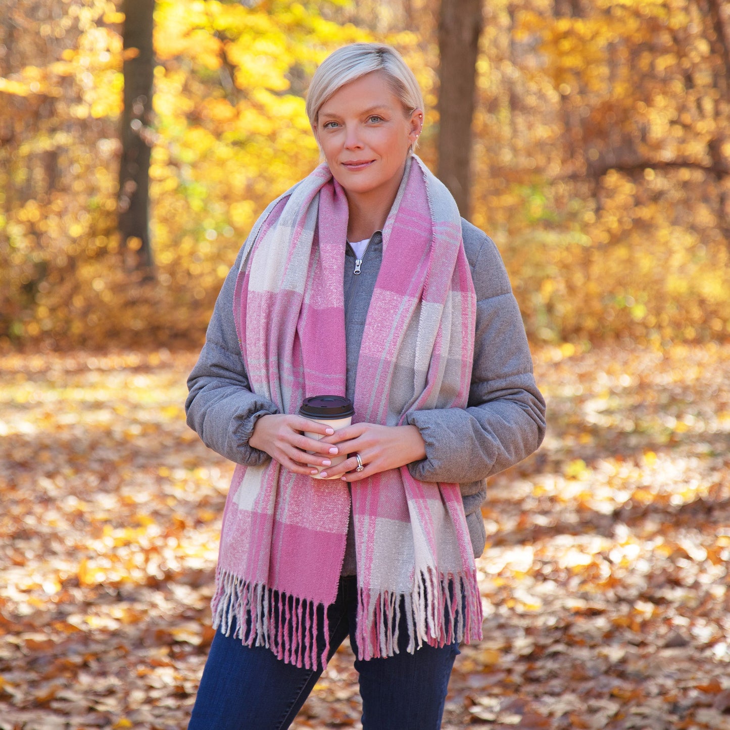 Fluffy Plaid Tassel Trim Scarf