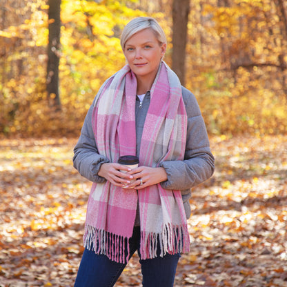 Fluffy Plaid Tassel Trim Scarf