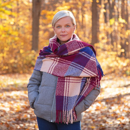 Fluffy Plaid Tassel Trim Scarf