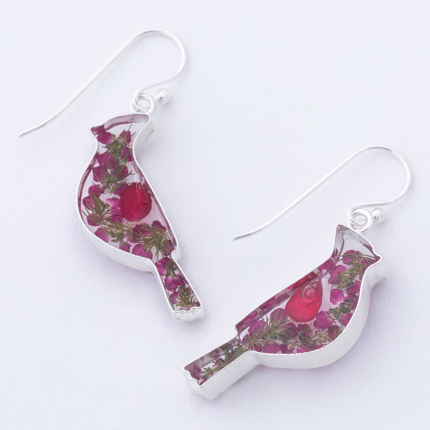 Real Flowers & Sterling Cardinal Earrings