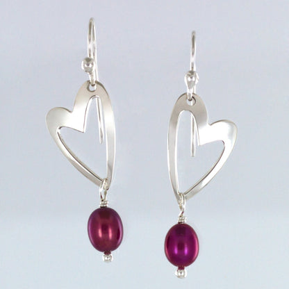 Cutout Heart W/Raspberry Fwp Sterling Silver Wire Earring