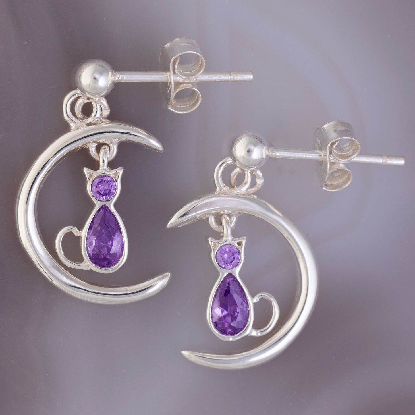 Moonlight Cat Sterling & Amethyst Earrings