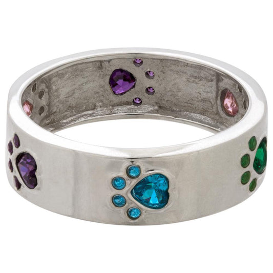 Walking Rainbow Paw Prints Sterling Ring