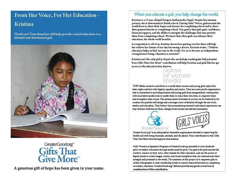 Donation - From Her Voice, For Her Education - Kristina