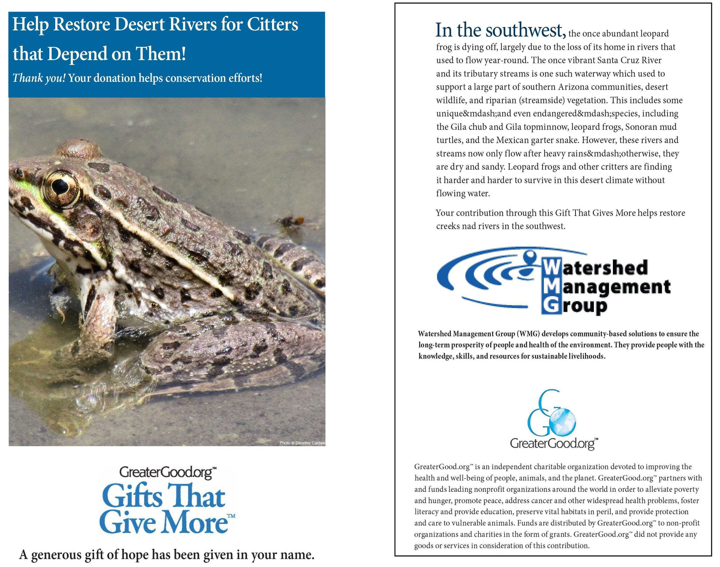 Donation - Help Restore Desert Rivers For Critters That Depend On Them!