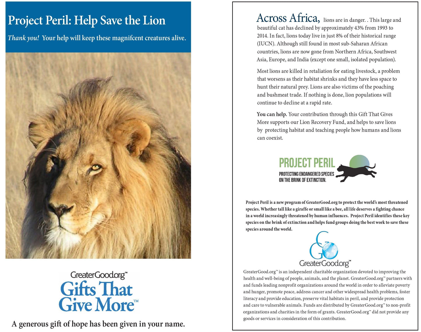 Donation - Project Peril: Help Save The Lion