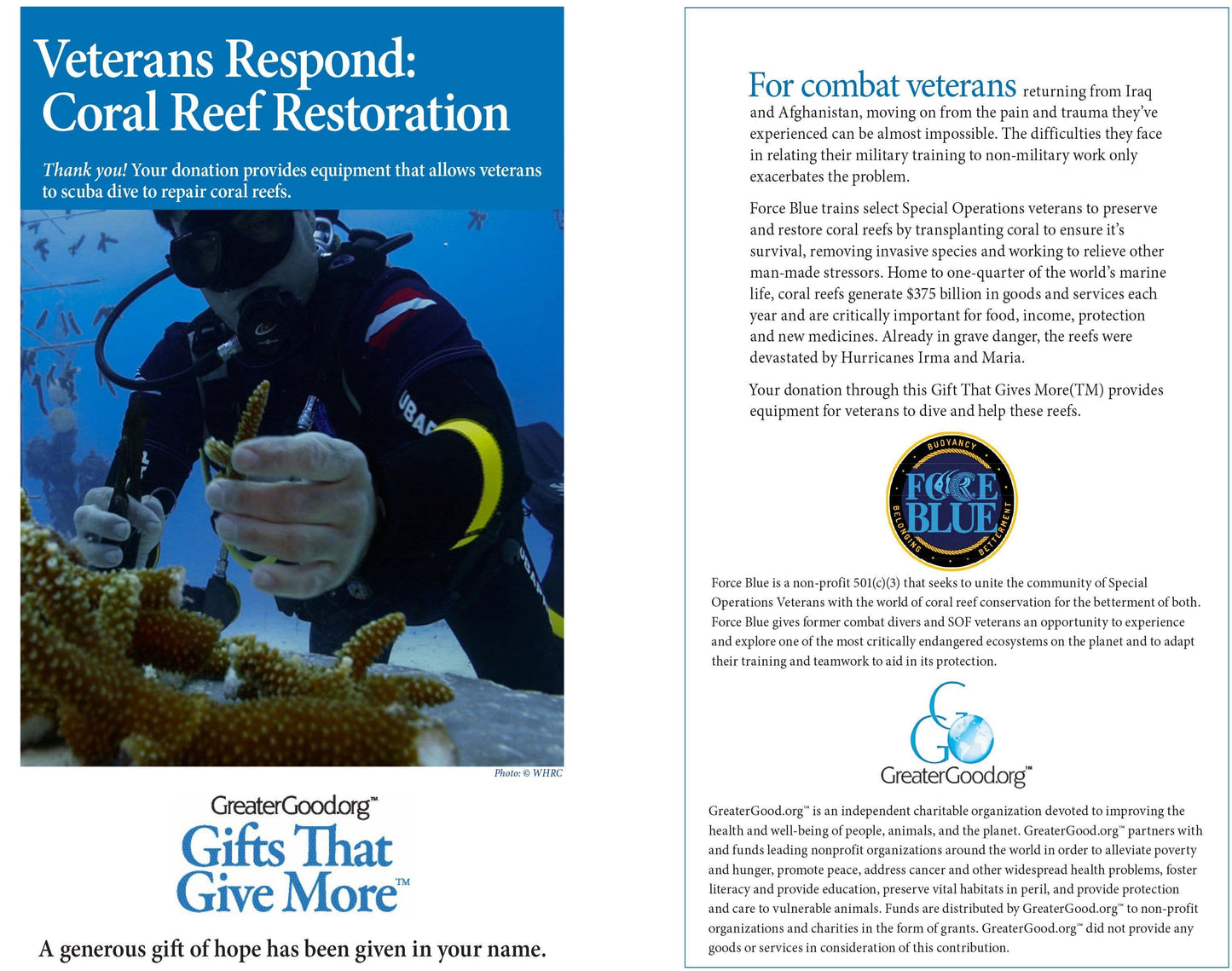 Donation - Veterans Respond: Coral Reef Restoration Hurricane Recovery